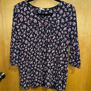 Fat Face Floral Slub Knit Top Womens 12 Black Pink 3/4 Sleeve Navy pink floral